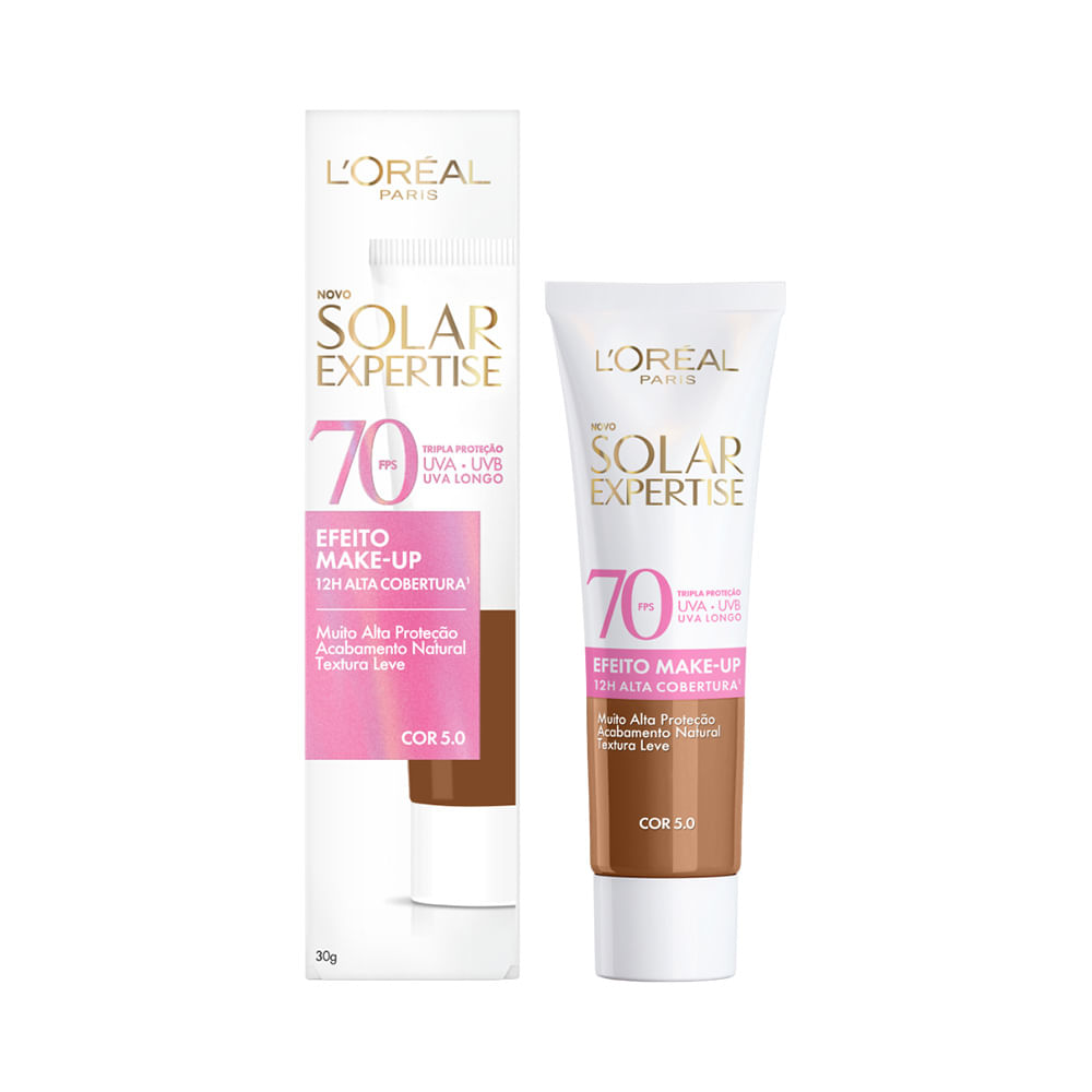 Protetor Facial L'Oréal Solar Expertise FPS 70 Efeito Makeup Cor 5.0 30g - embalagem branca e marrom