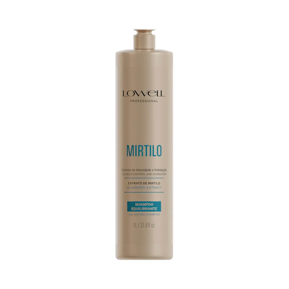 Frontal do Shampoo Lowell Mirtilo Equilibrante 1L embalagem bege fosca
