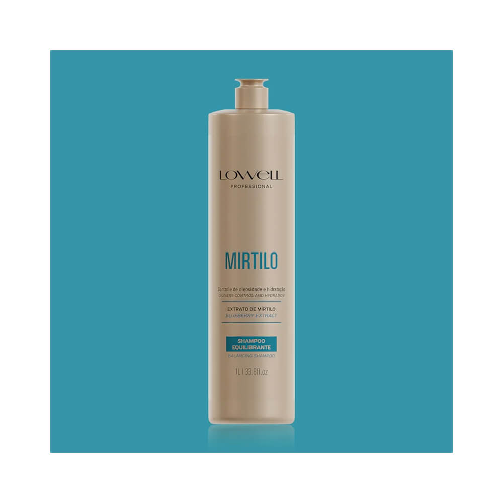 Shampoo Lowell Mirtilo Equilibrante 1L em destaque sobre fundo vibrante