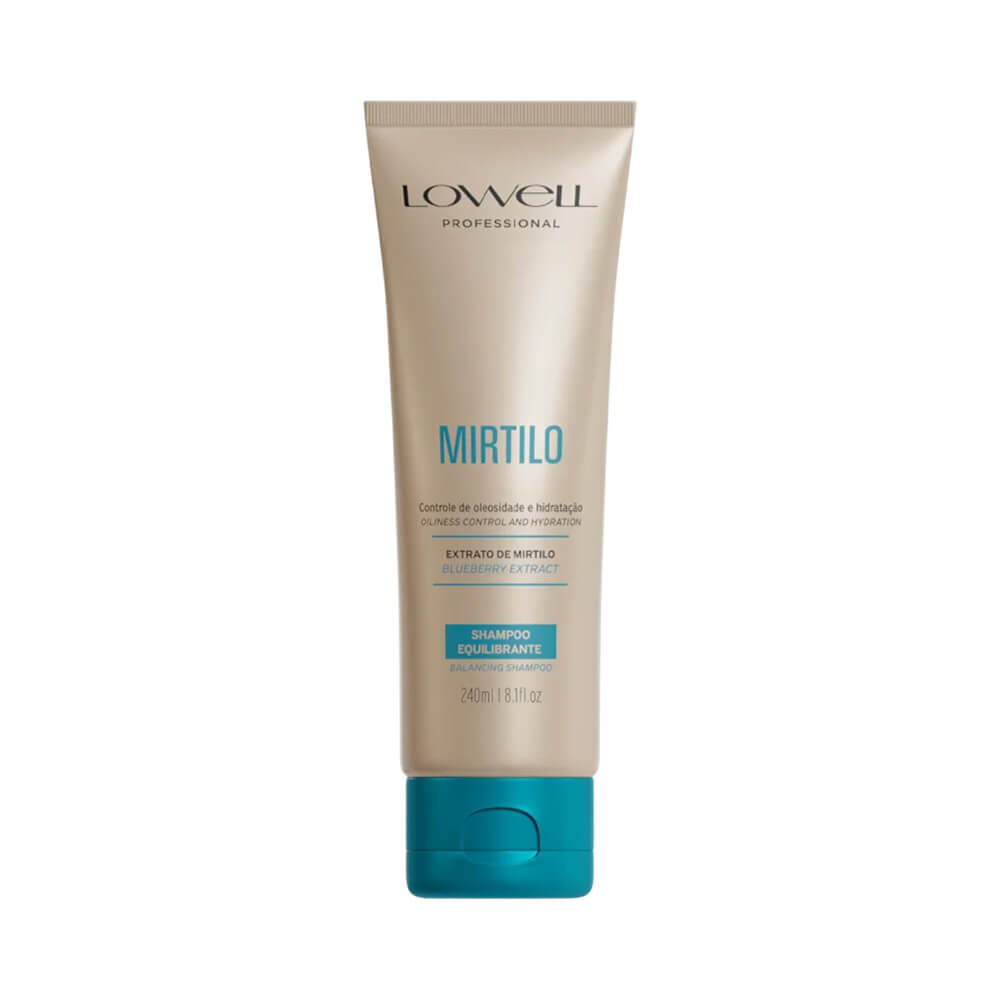Frasco do Shampoo Lowell Mirtilo Equilibrante 240ml com tampa azul