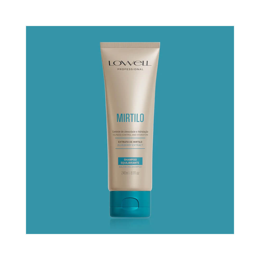 Shampoo Lowell Mirtilo Equilibrante 240ml sobre fundo azul turquesa