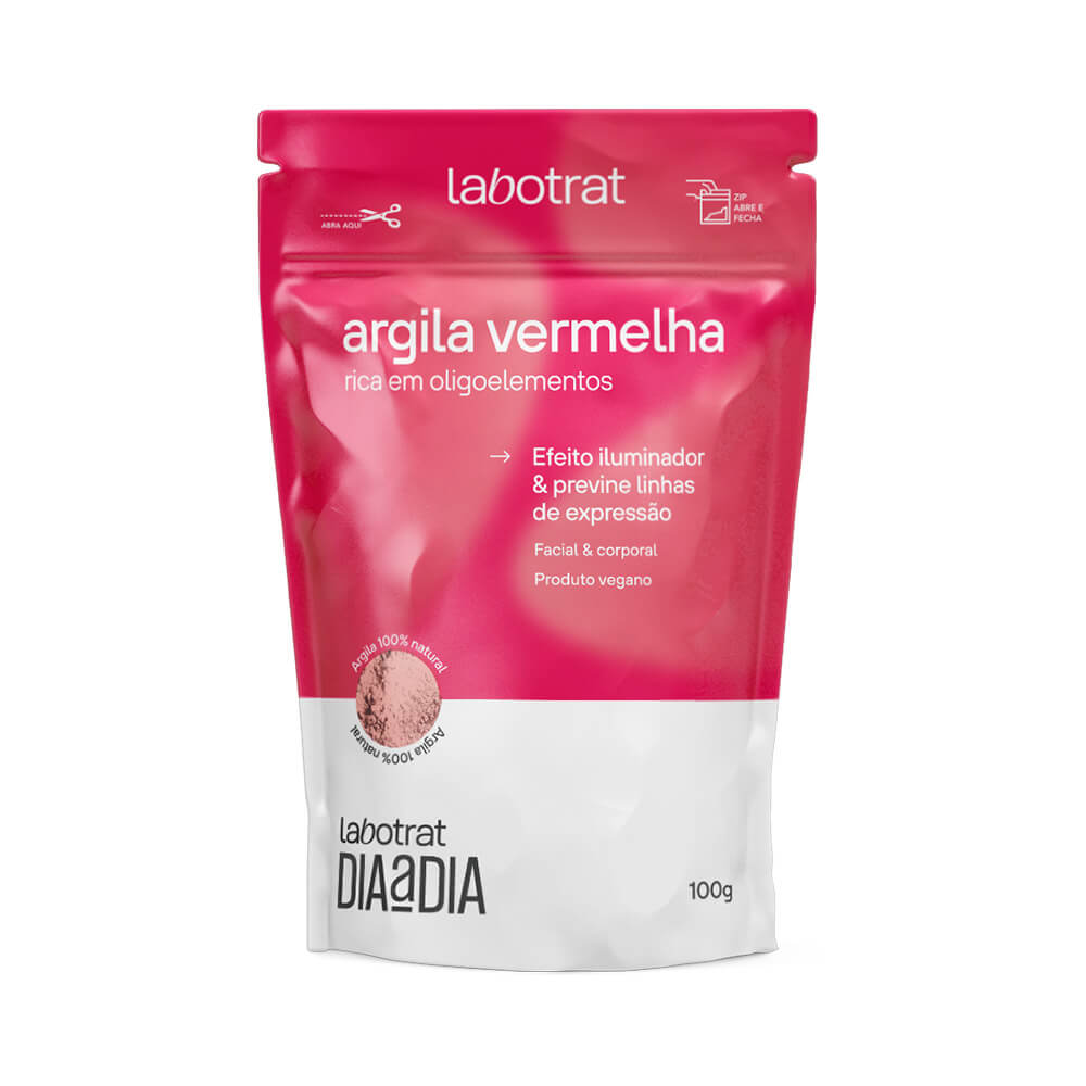 Argila Vermelha Labotrat Dia a Dia 100g - embalagem pouch vermelho e branco, vegana e 100% natural