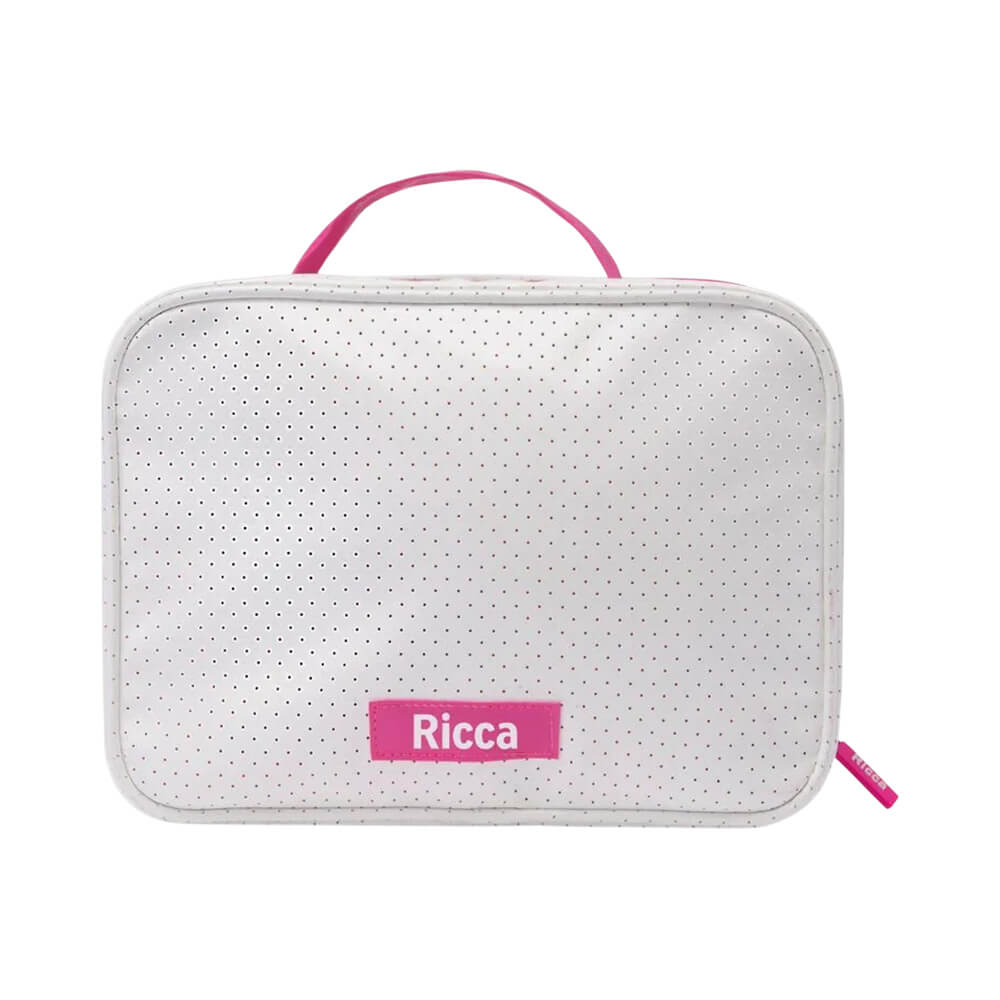 Necessaire Ricca vista de frente com zíper e alça rosa neon