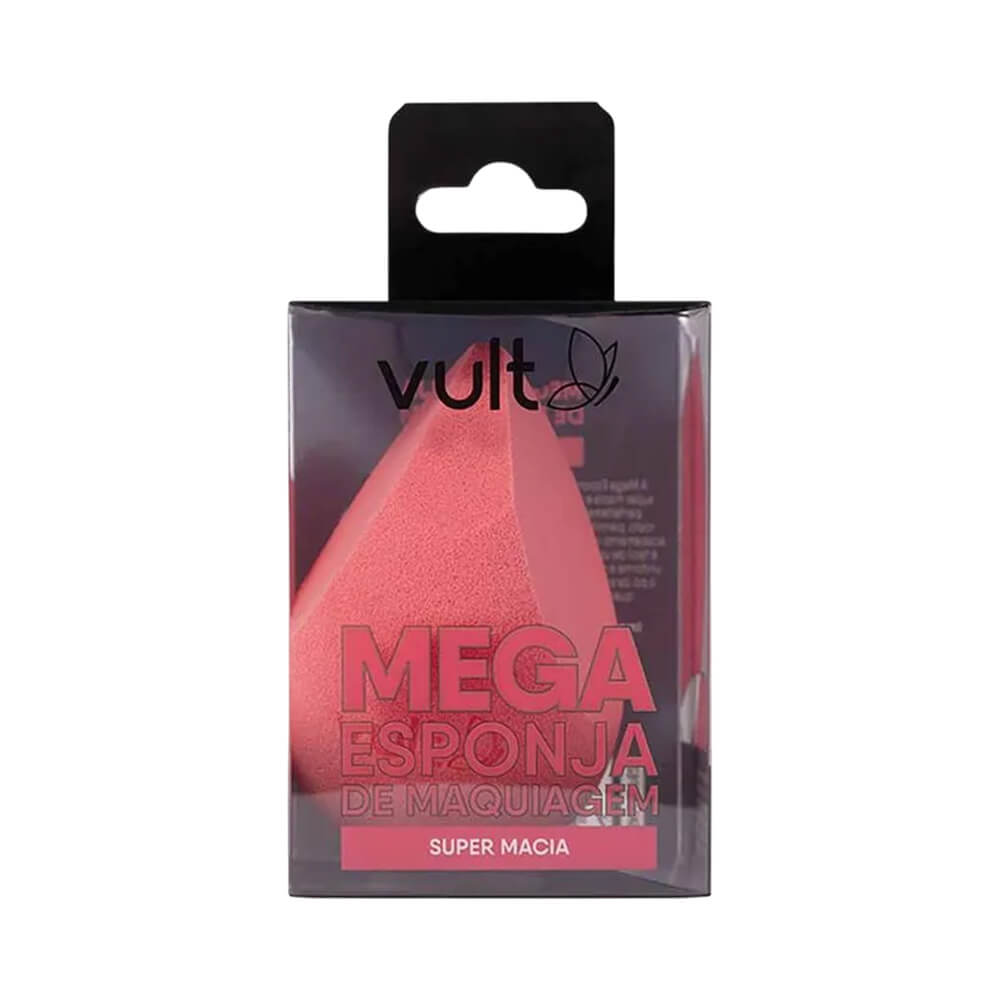 Esponja de maquiagem Vult Mega Super Macia embalada em caixa transparente com gancho