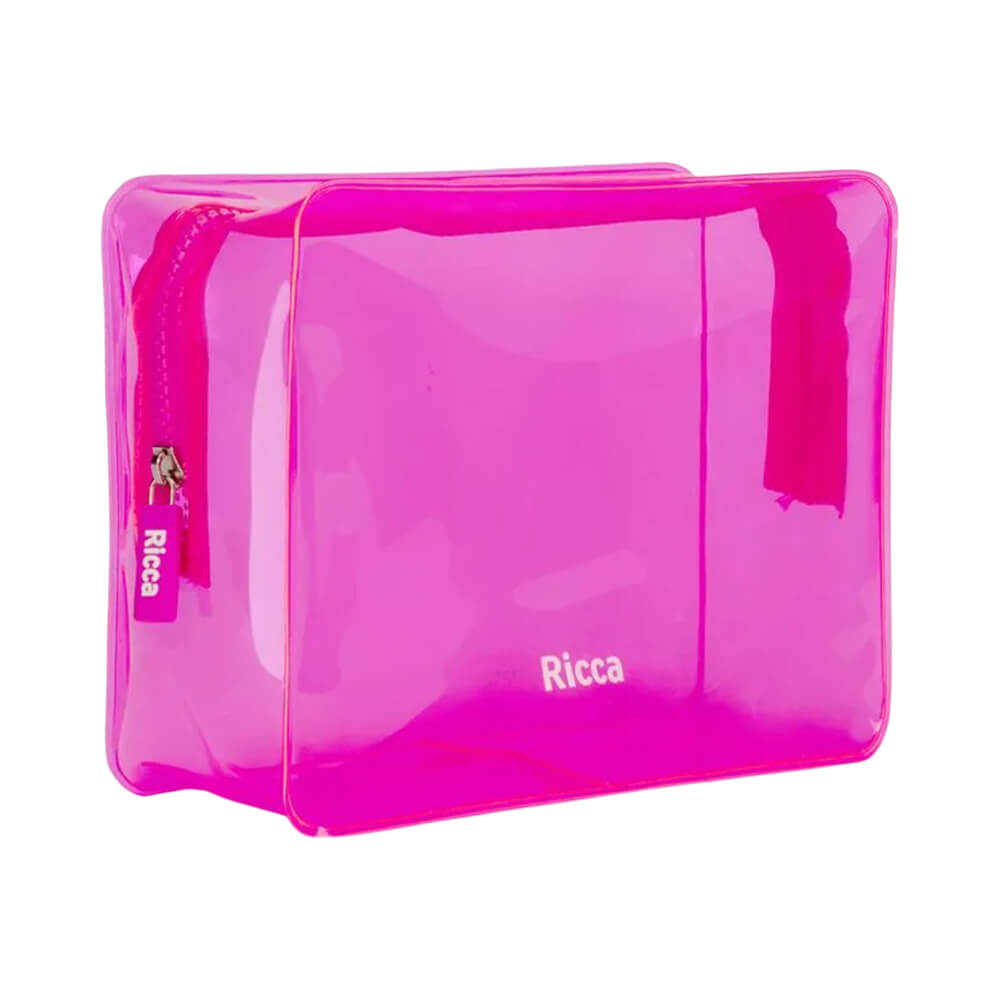 Necessaire Ricca Neon Rosa Média vista lateral, transparente e brilhante