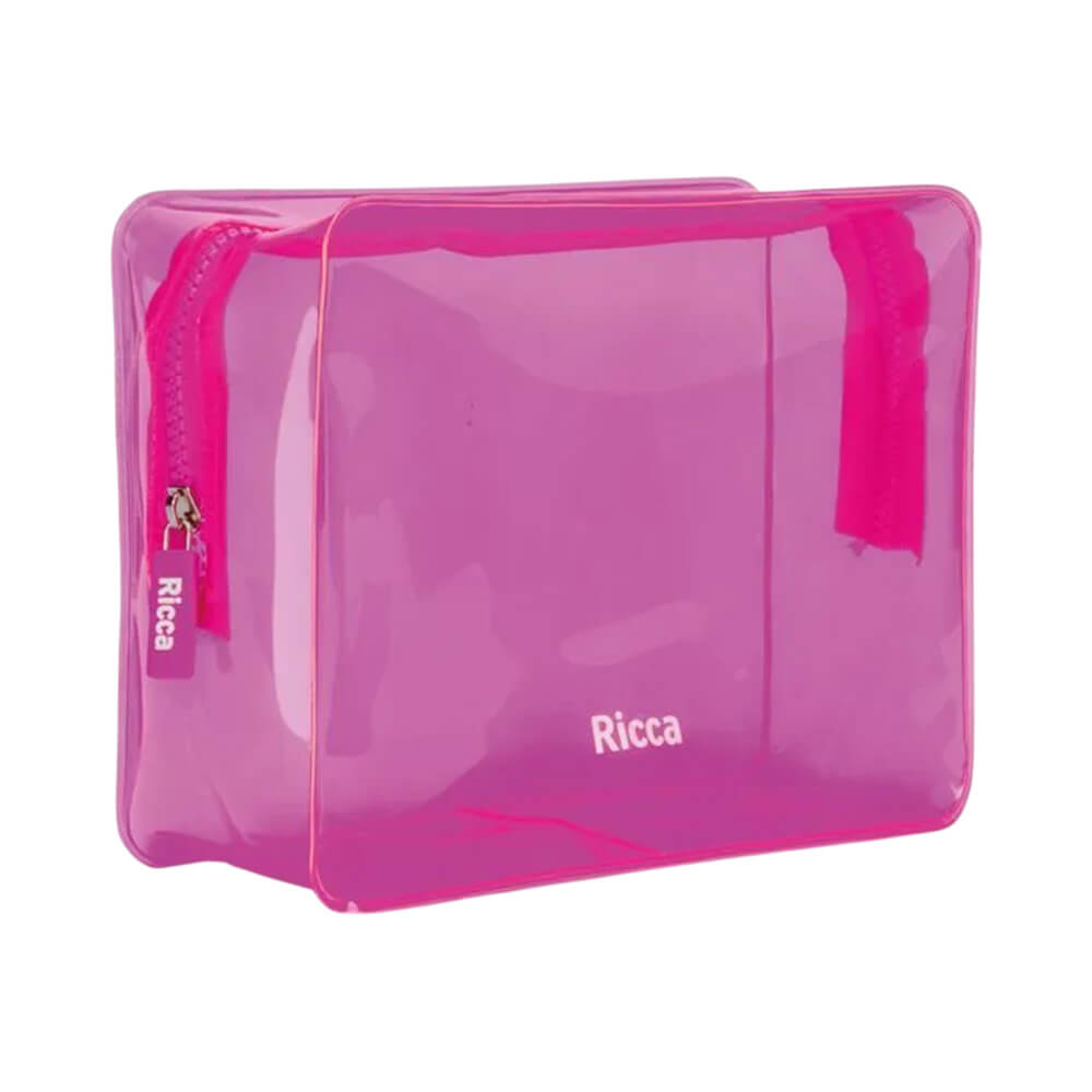 Necessaire Ricca Neon Rosa Média vista lateral com zíper e acabamento brilhante