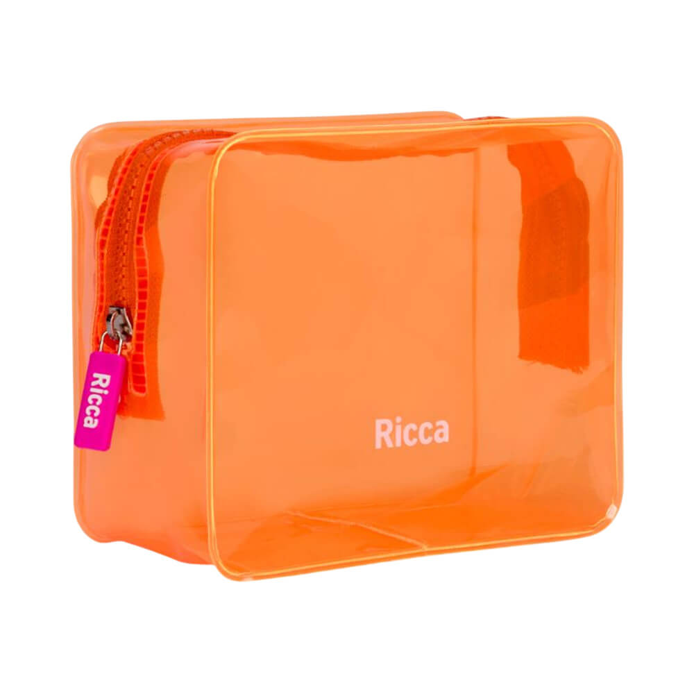 Necessaire Ricca Neon Laranja Pequena, compacta e transparente, com zíper laranja e puxador rosa