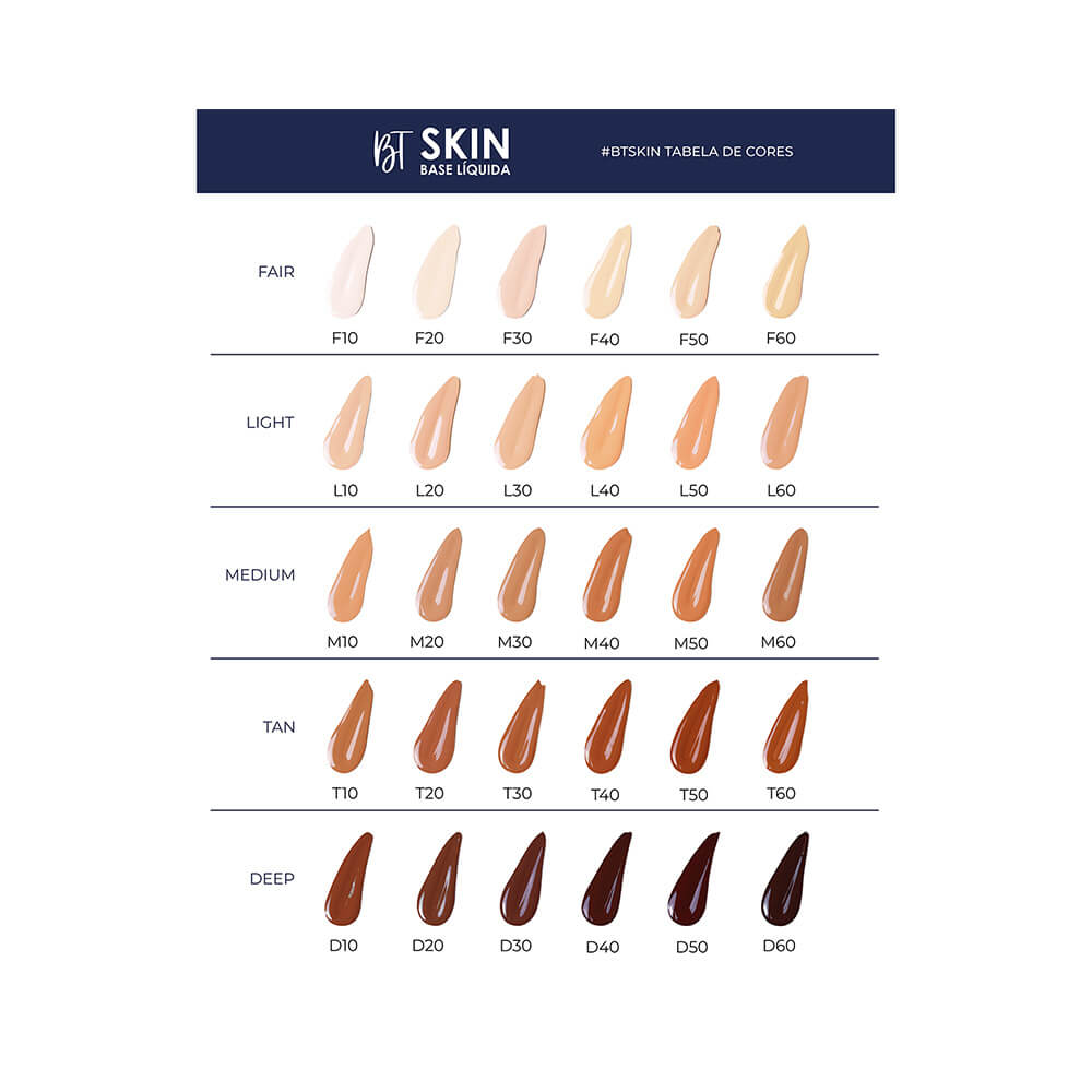Tabela de tonalidades da Base Líquida Bruna Tavares Skin com 36 cores