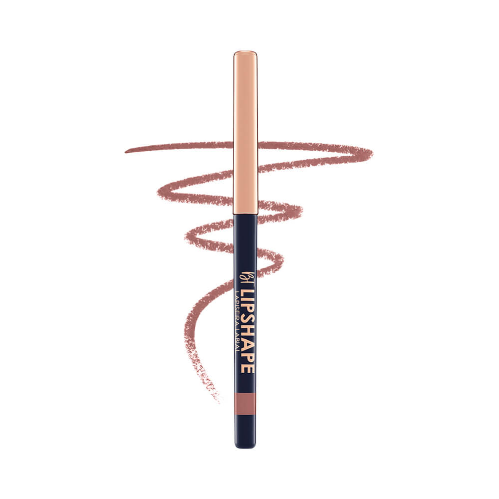 Lapiseira Labial Bruna Tavares Lipshape Mocha em fundo branco com traços da cor do produto