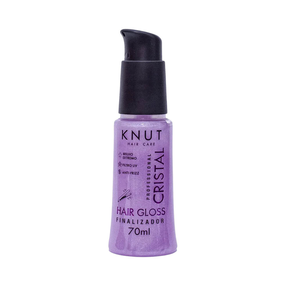 Frasco lilás do Finalizador Knut Cristal Hair Gloss 70ml com pump preto