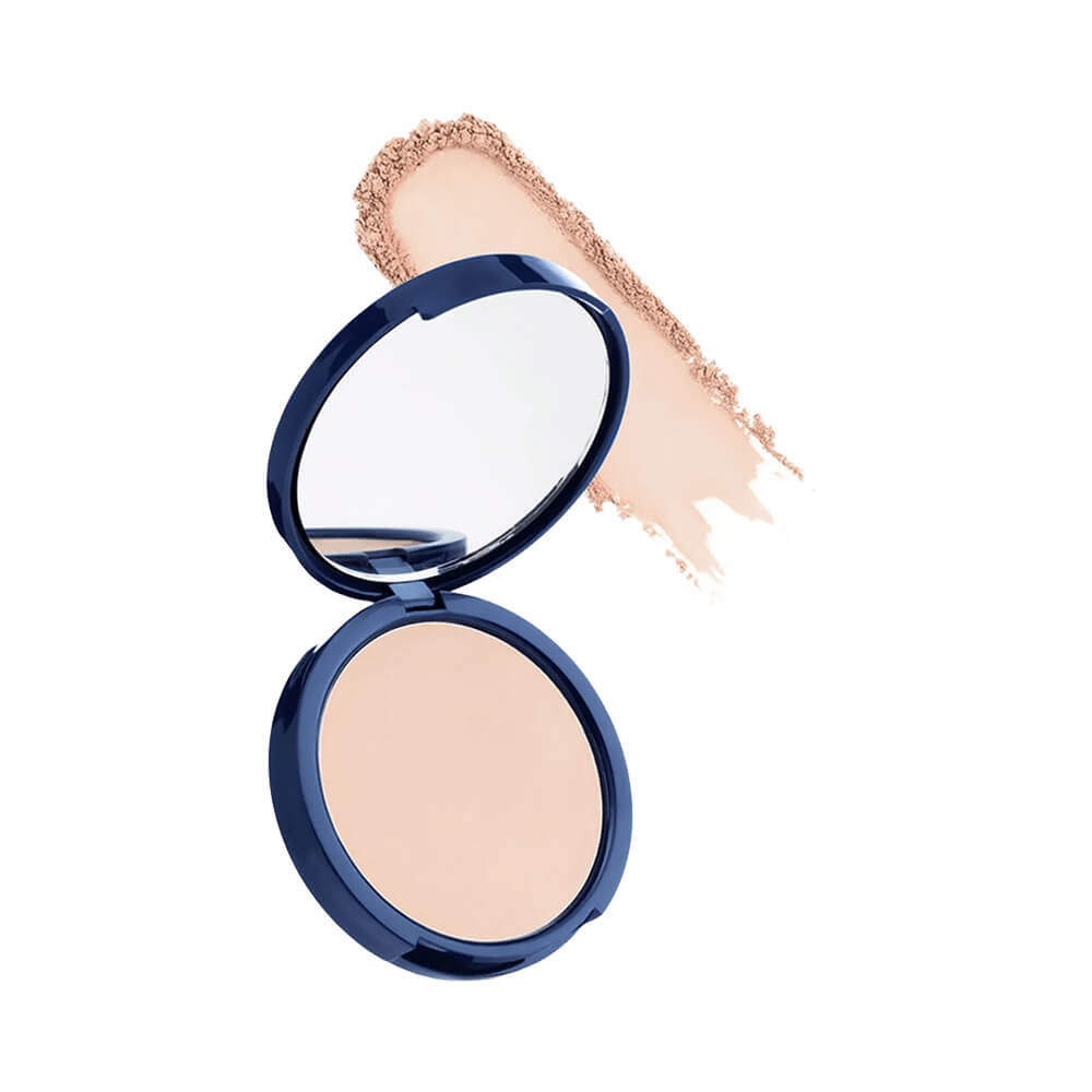 Pó Compacto Bruna Tavares Powder 20 em embalagem azul marinho com pó bege claro