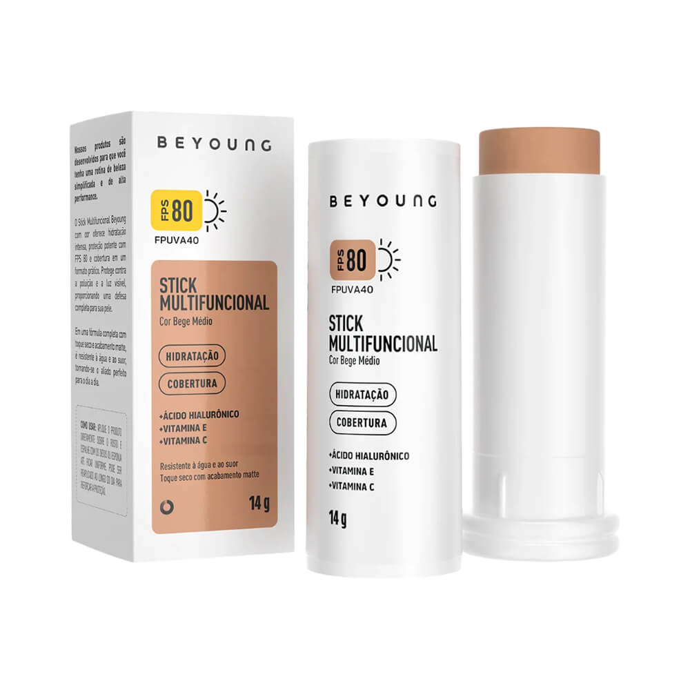 Stick Multifuncional Beyoung Bronze embalagem branca e bege, destaque FPS 80 FPUVA 40 e ativos hidratantes