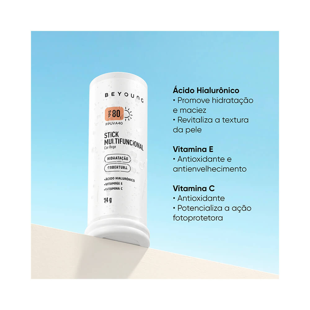 Stick Beyoung em bastão mostrando benefícios: ácido hialurônico, vitaminas e acabamento