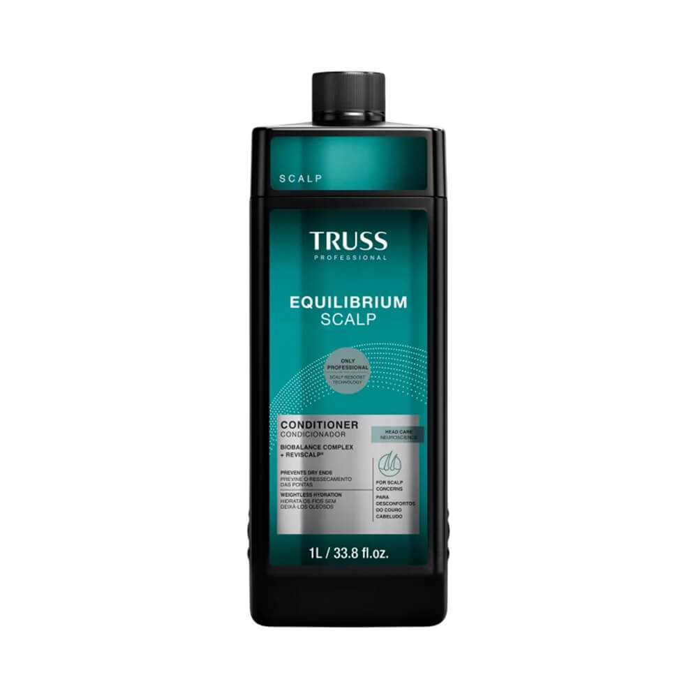 Condicionador Truss Equilibrium Scalp 1L embalagem preta com rótulo verde escuro