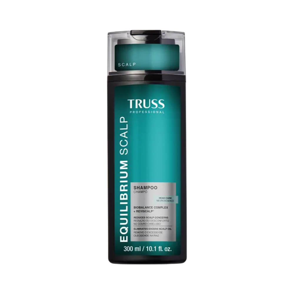 Shampoo Truss Equilibrium Scalp 300ml - Frontal da embalagem azul com detalhes em preto e prata