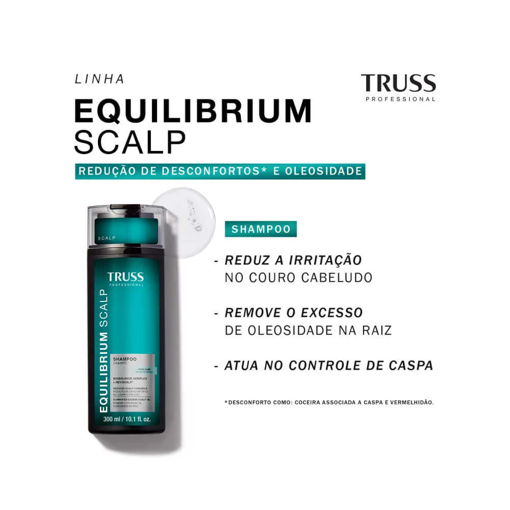 Detalhes do rótulo do Shampoo Truss Equilibrium Scalp destacando benefícios
