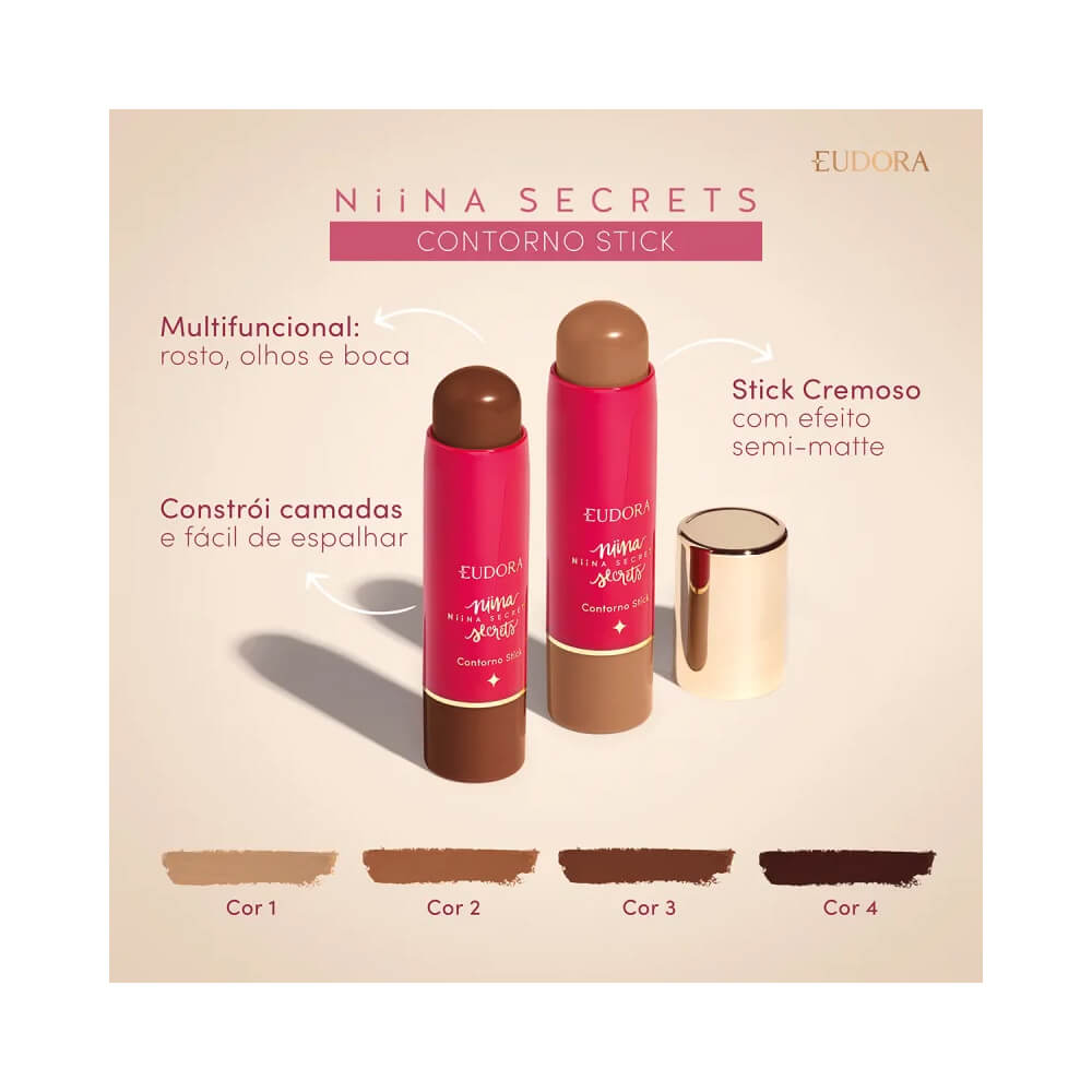 Dois contornos em stick Niina Secrets mostrando tonalidades e amostras de cor