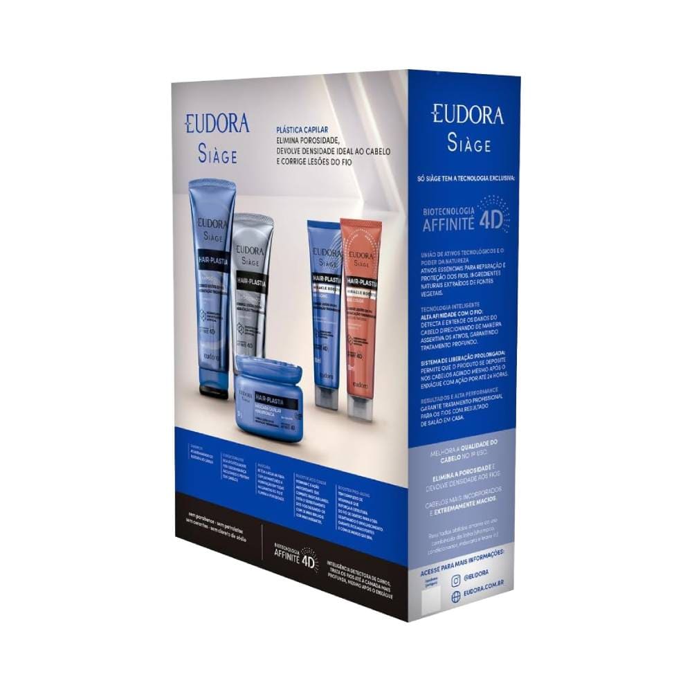 Detalhes da linha Siàge Hair Plastia mostrando shampoo e condicionador