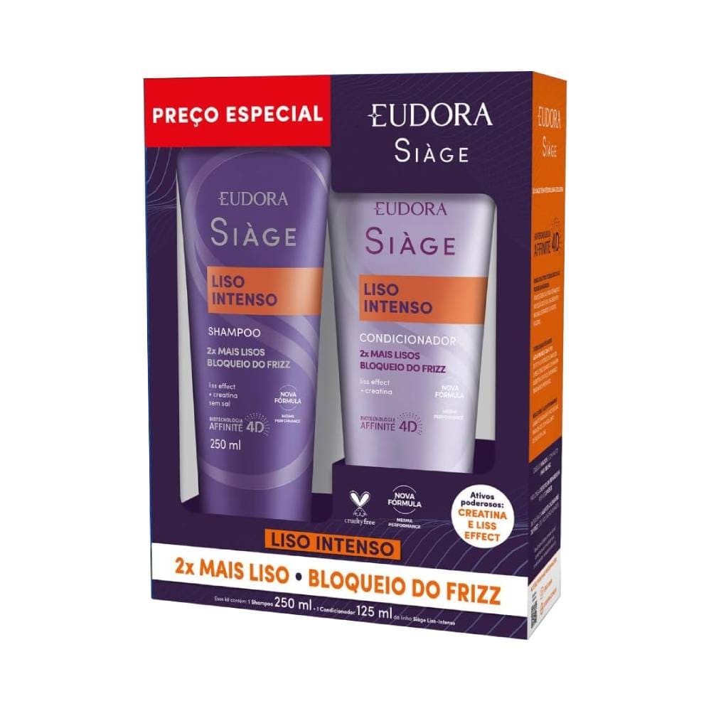 Kit Siàge Liso Intenso Eudora - shampoo 250ml e condicionador 125ml, embalagem roxa