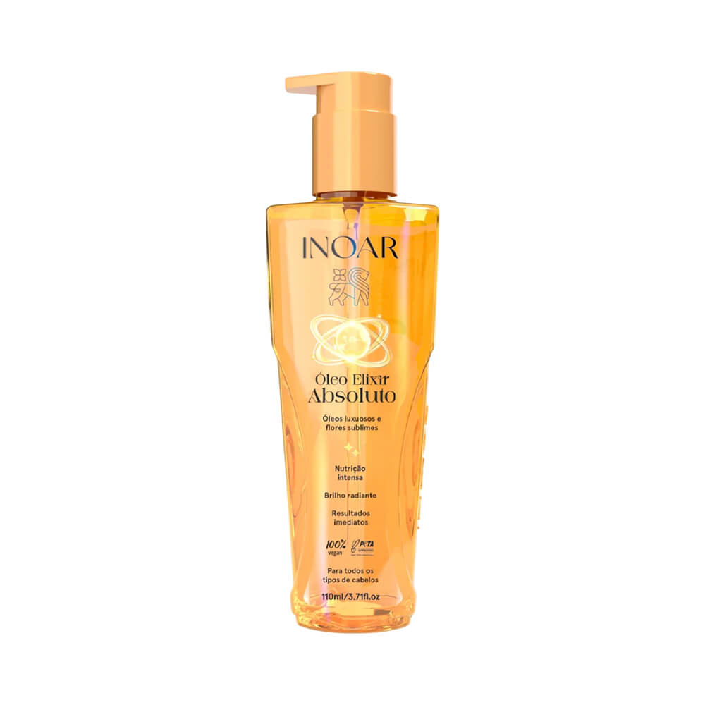 Frente do frasco Óleo Elixir Inoar Absoluto 110ml com pump dourado