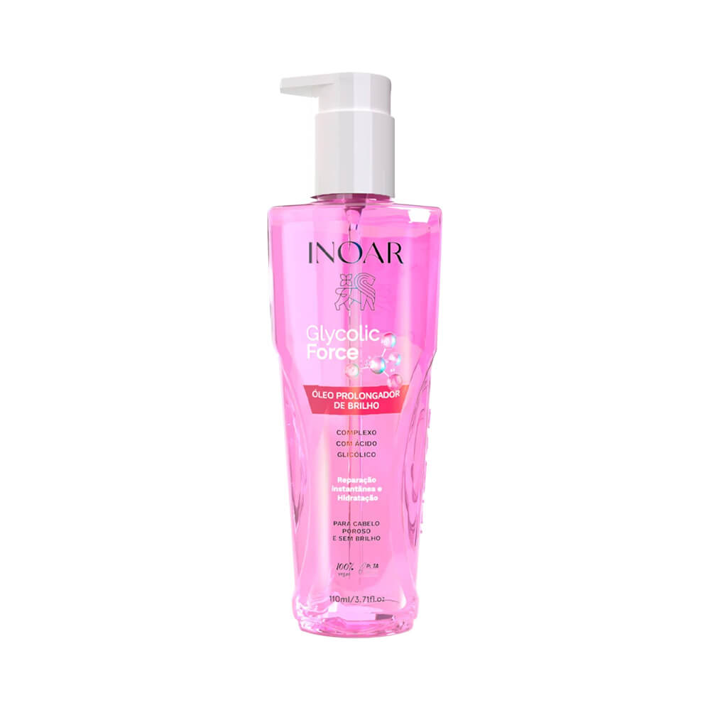 Frasco frontal do Óleo Inoar Glycolic Force 110ml, rosa translúcido com pump branco