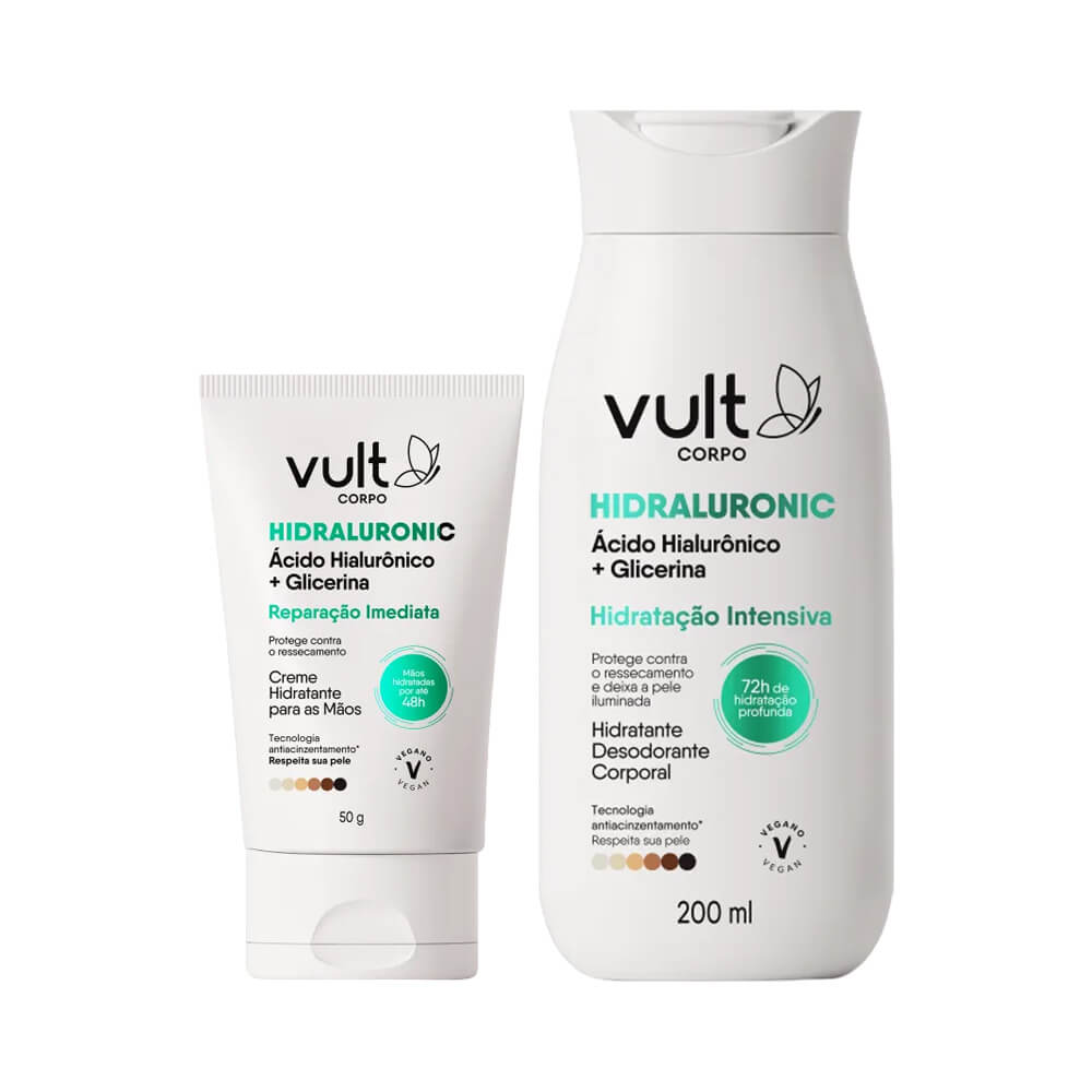 Kit Vult Hidratante para Corpo e Mãos com embalagem branca e detalhes verdes, destacando hidratação intensiva e benefícios.