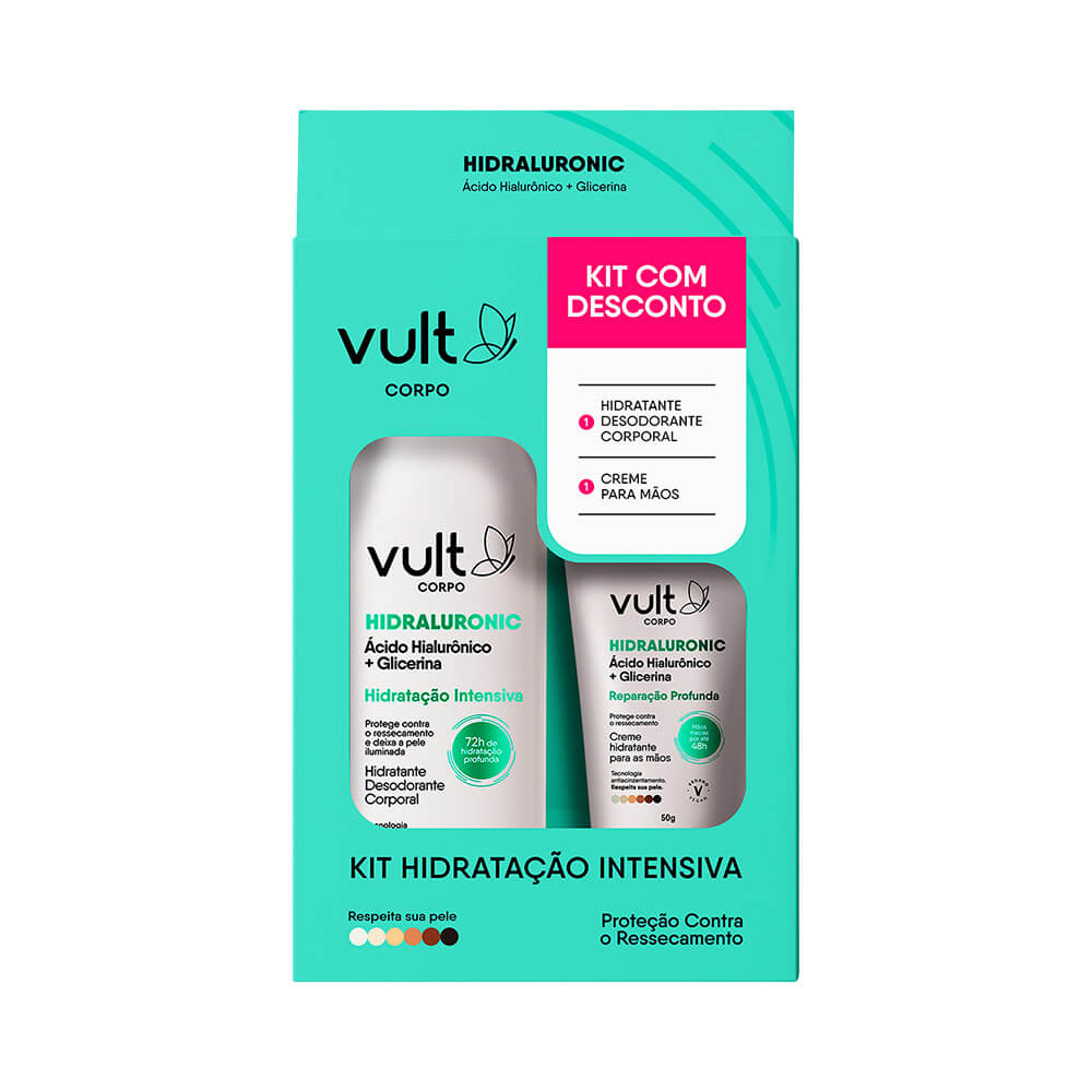 Kit Vult Hidraluronic com embalagem azul turquesa, exibindo os dois produtos do kit com destaque para ácido hialurônico e glicerina.