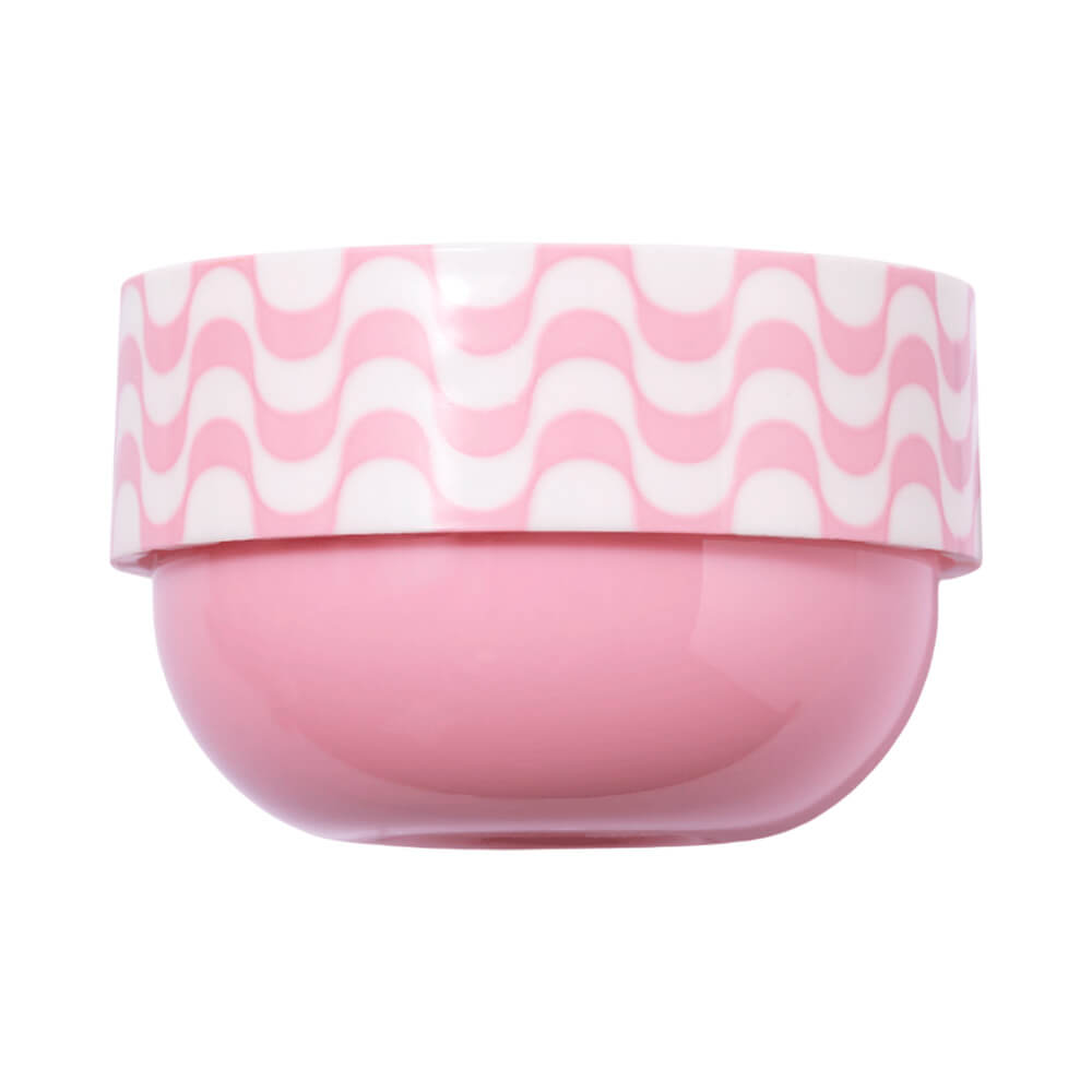 Esfoliante labial Melu Made In! Mascavo em pote rosa claro com tampa branca decorada com padrão ondulado rosa