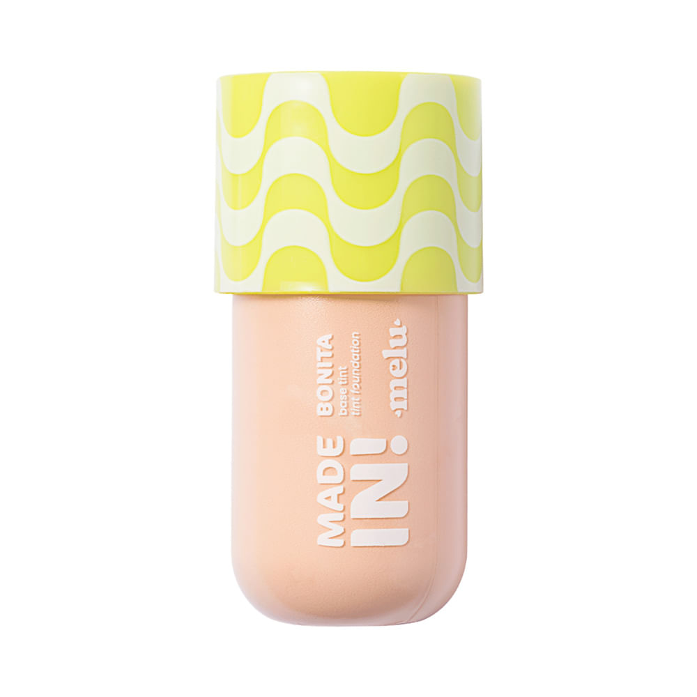 Base Melu Made In! Foundation Tint 20 embalagem com tampa amarela e frasco bege claro