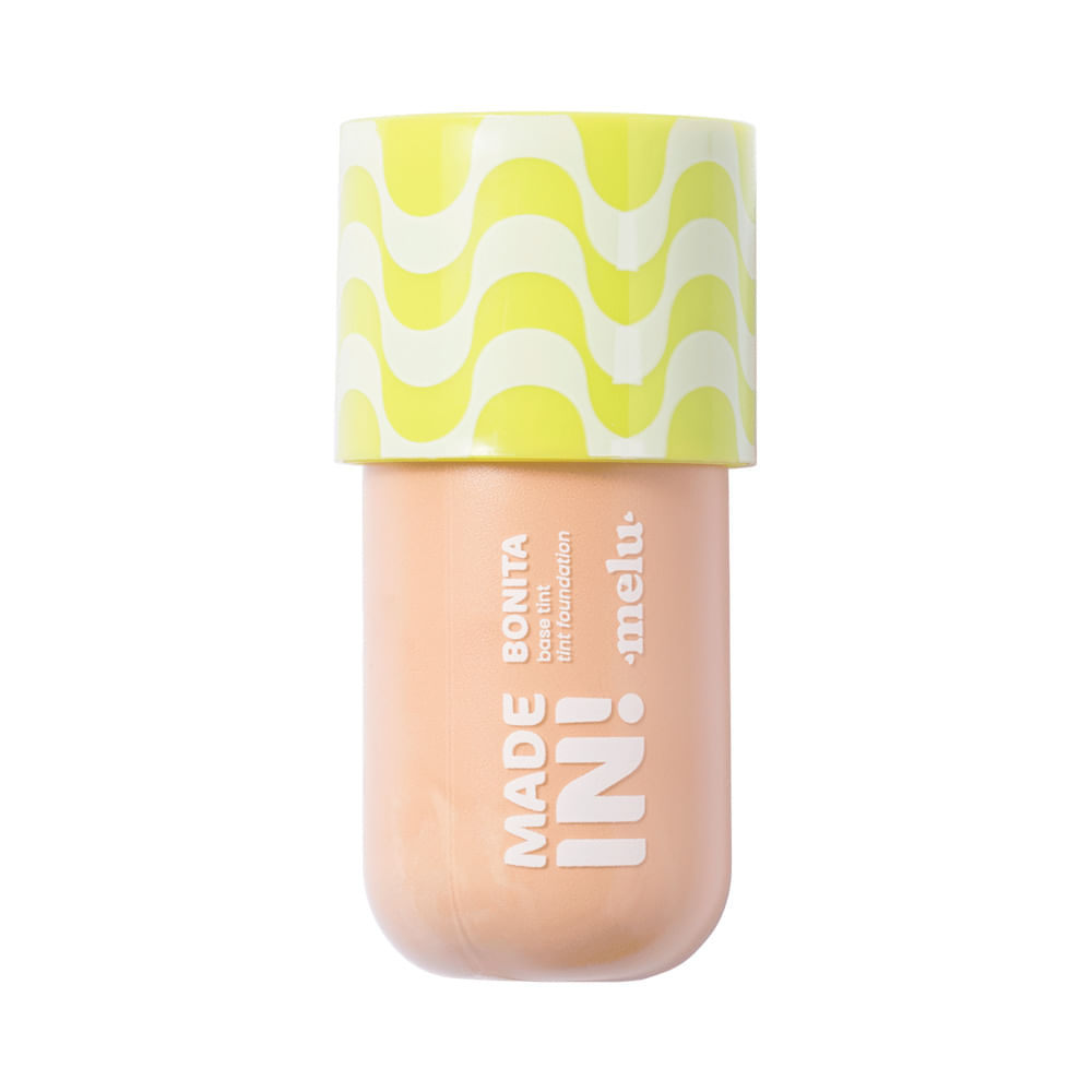 Frontal da embalagem da Base Melu Made In! Foundation Tint na cor 40 com frasco translúcido e tampa amarela.