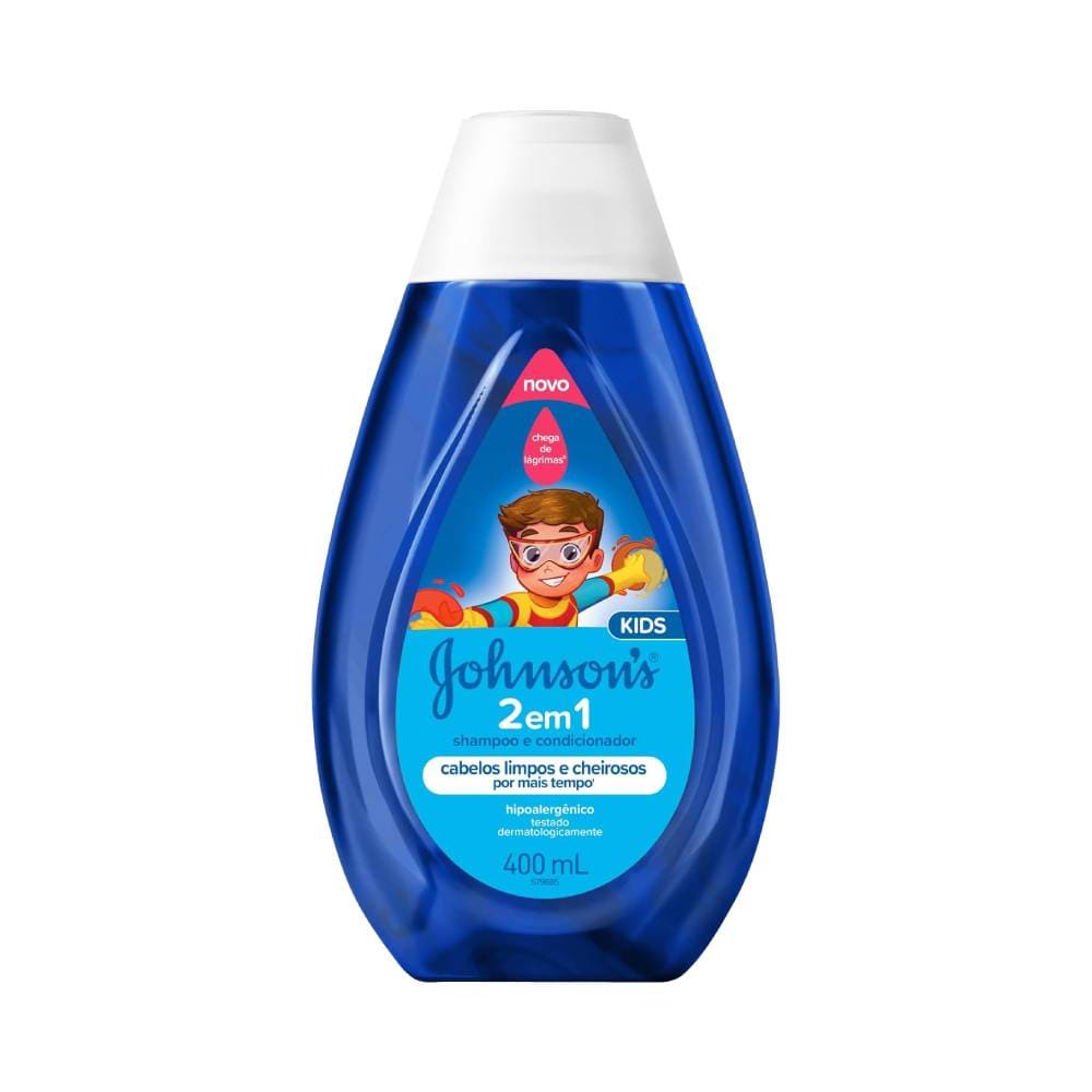 Frasco do Shampoo Johnson's Baby 2 em 1 400ml azul translúcido com tampa branca