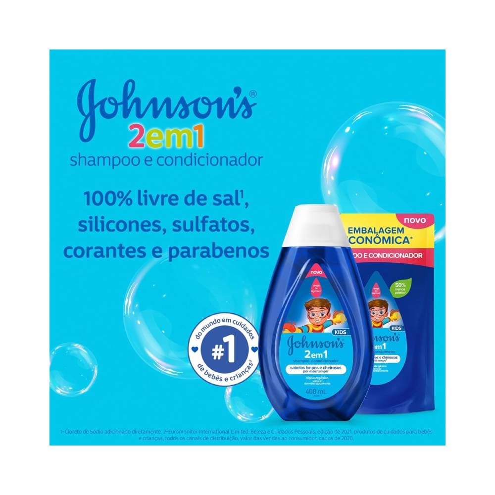Frasco e refil do Shampoo Johnson's Baby 2 em 1 400ml com selo de qualidade