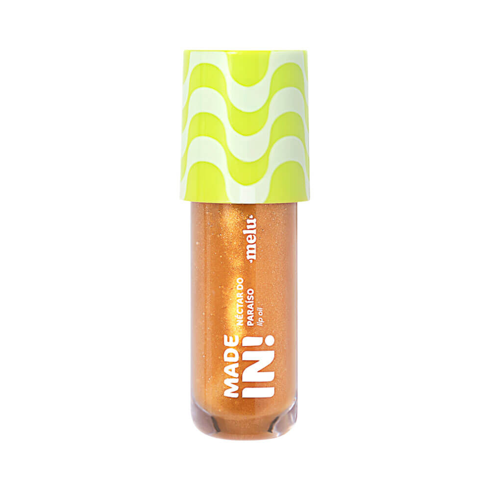 Imagem do Lip Oil Melu Made In! Néctar do Paraíso, óleo labial dourado com brilho cintilante em embalagem transparente e tampa amarela.