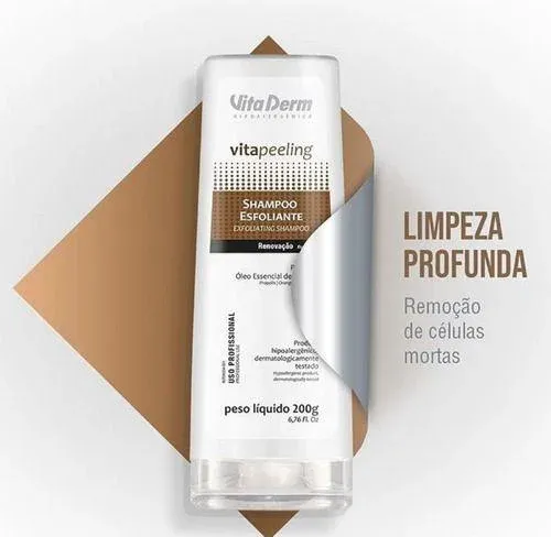 Frasco de shampoo Vita Derm Esfoliante 200ml em ângulo lateral