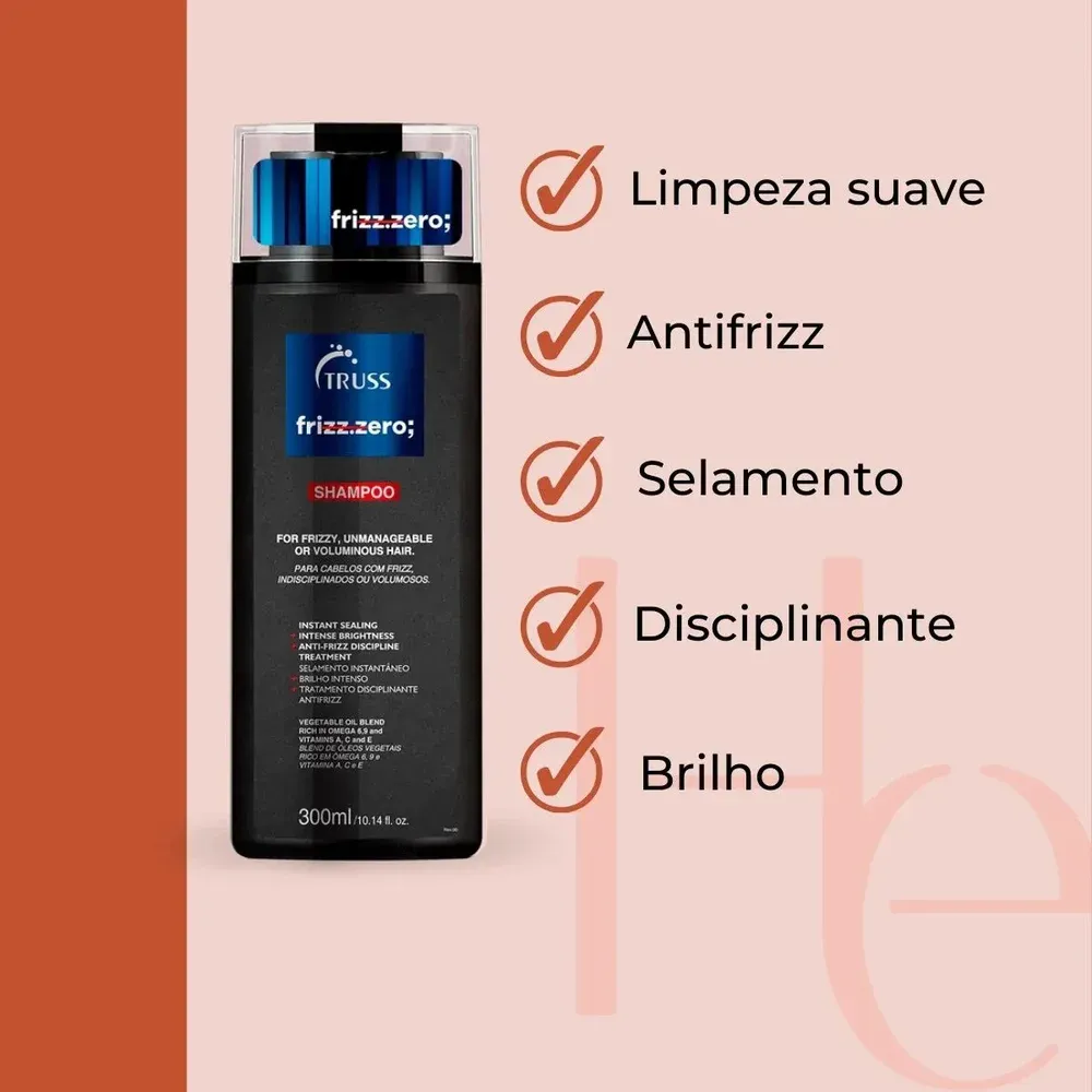 Shampoo Truss Frizz Zero 300ml em embalagem preta com detalhes azuis e brancos