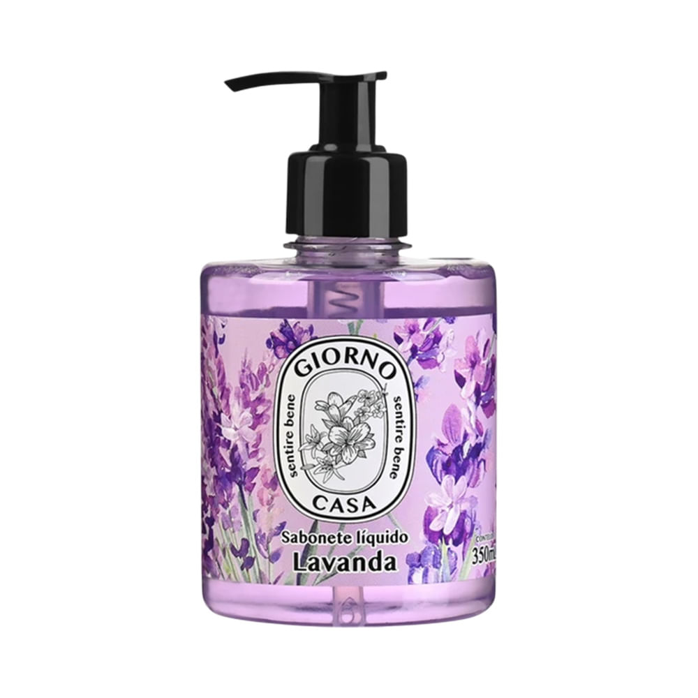 Frasco de sabonete líquido Giorno Bagno Lavanda 350ml com líquido lilás e embalagem pump