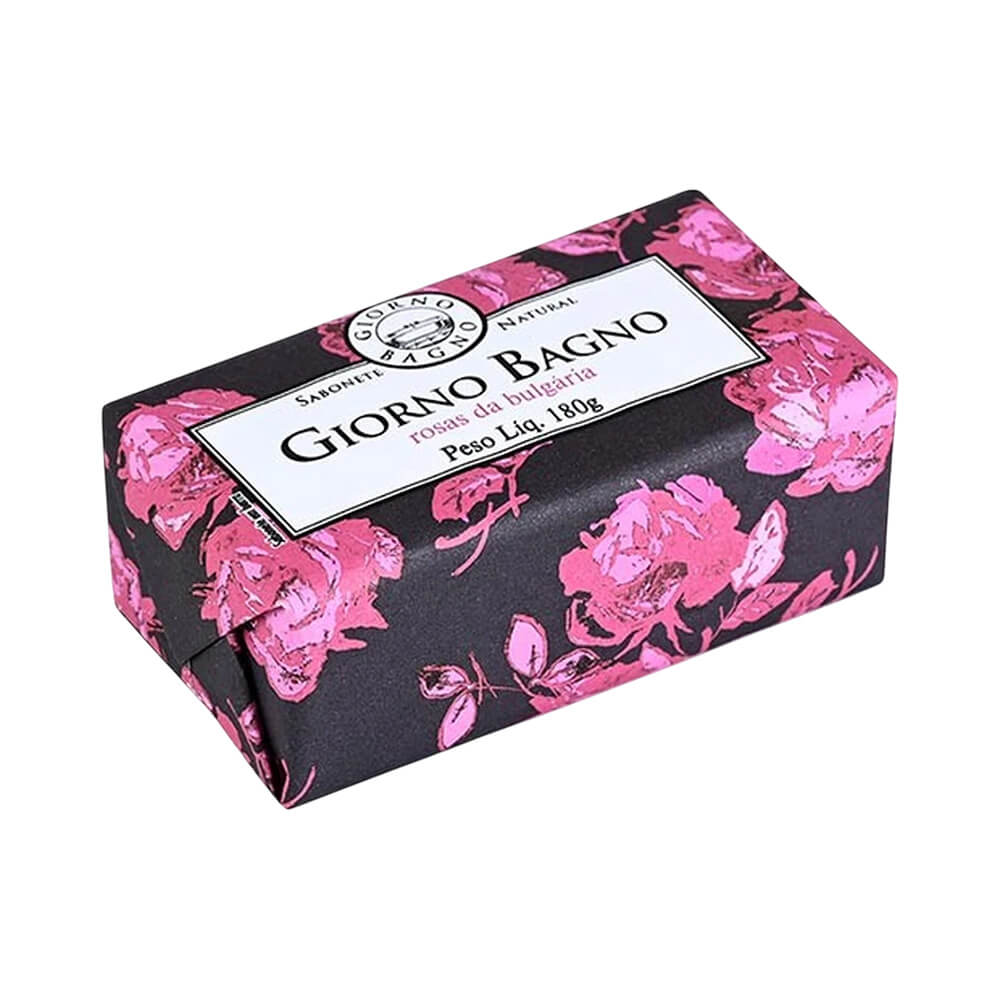 Sabonete Giorno Bagno Rosas da Bulgária 180g embalado em papel preto com estampa de rosas cor-de-rosa