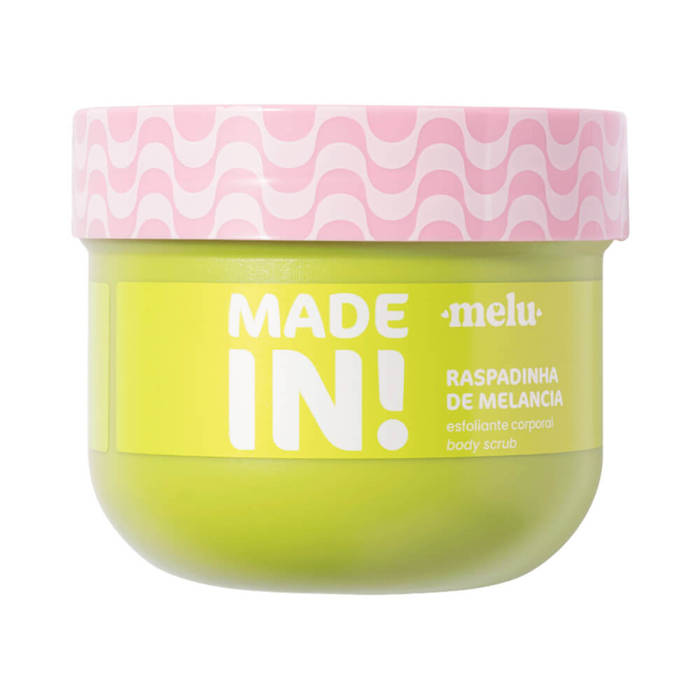 Esfoliante corporal Melu Raspadinha de Melancia em pote plástico verde claro com tampa rosa decorada com ondas
