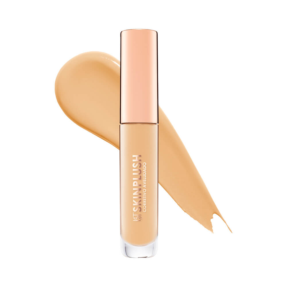 Corretivo Bruna Tavares Skinplush L3040 frasco transparente com tampa rosé gold, textura cremosa e acabamento aveludado