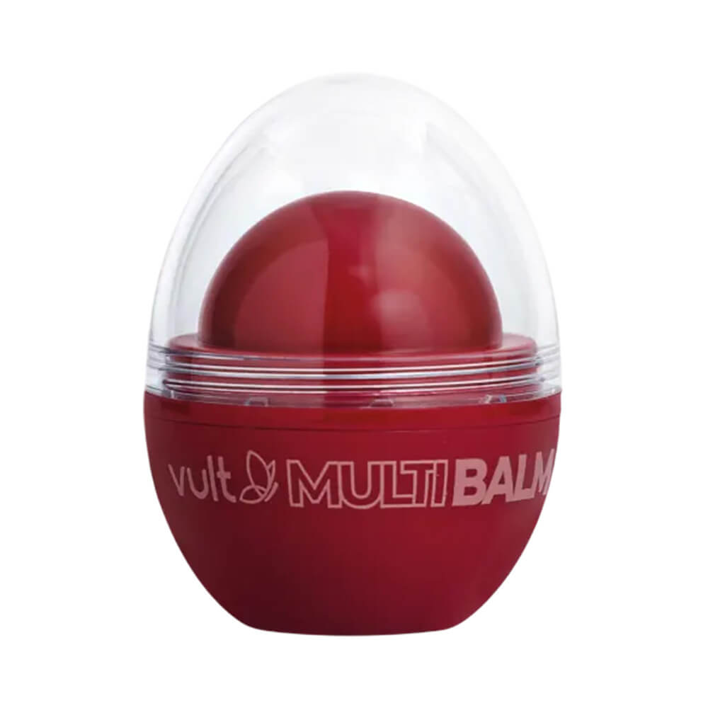 Produto Multi Balm Vult Bala de Morango, embalagem em formato de bola vermelha com tampa transparente
