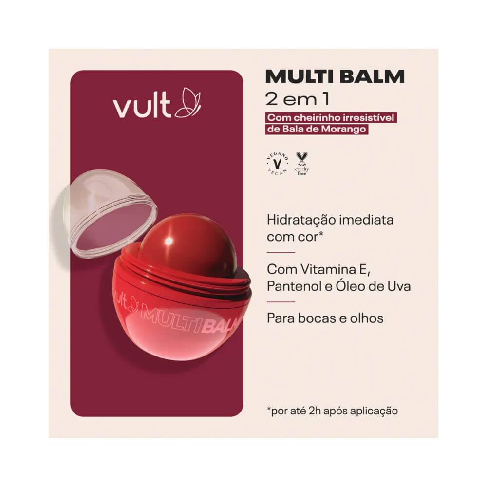 Produto Multi Balm Vult Bala de Morango aberto com tampa transparente ao lado, evidenciando ingredientes e uso 2 em 1
