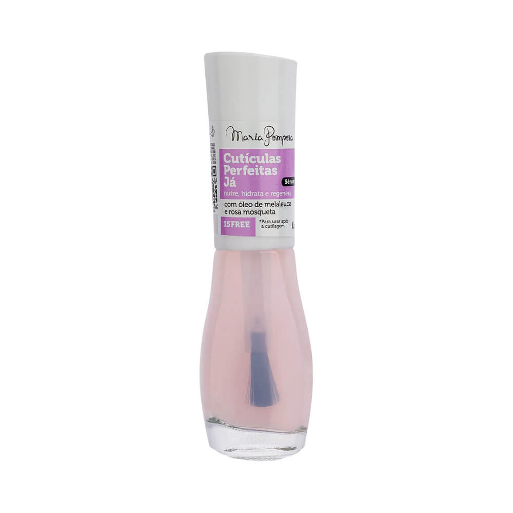Frasco de Sérum Nutritivo Maria Pomposa Cutículas Perfeitas Já com rótulo branco e lilás mostra líquido rosa claro