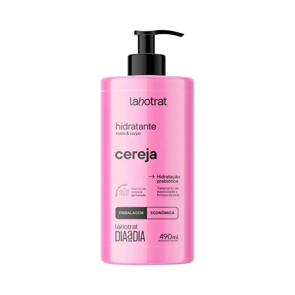 Frasco rosa com tampa preta pump contendo Hidratante Corporal Labotrat Dia a Dia Cereja de 490ml