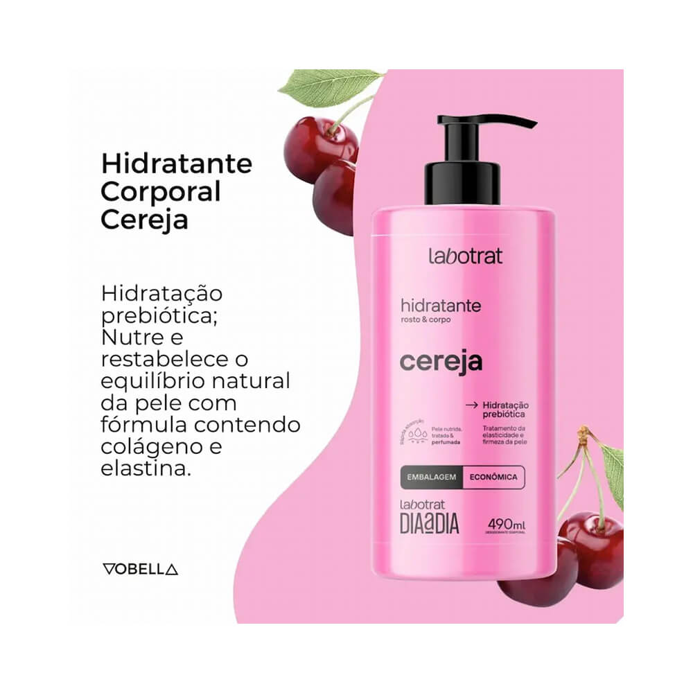 Hidratante Corporal Labotrat Dia a Dia Cereja 490ml com cerejas decorativas