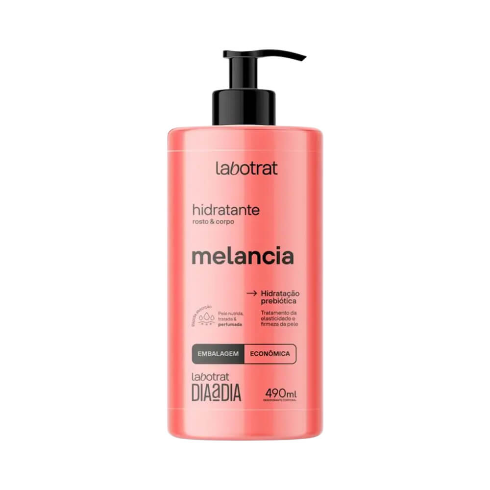 Hidratante Corporal Labotrat Dia a Dia Melancia 490ml em embalagem com pump preto, indicado para rosto e corpo
