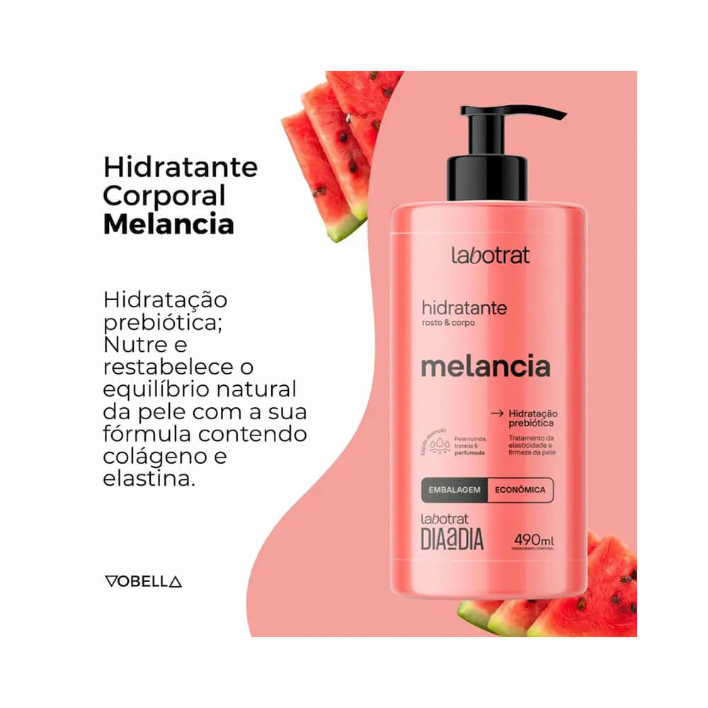 Hidratante Corporal Labotrat Dia a Dia Melancia 490ml em fundo rosa com fatias de melancia
