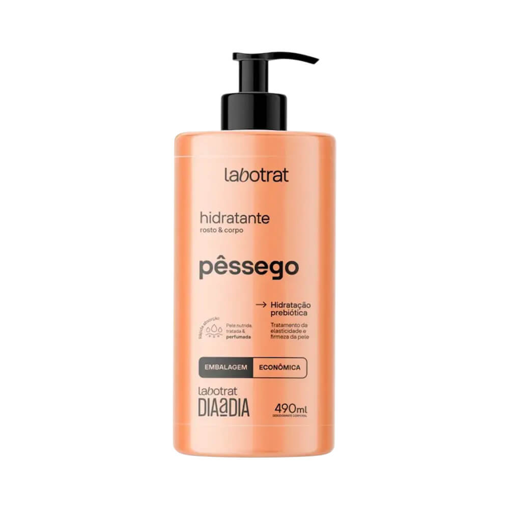 Frontal do hidratante corporal Labotrat Dia a Dia Pêssego 490ml com frasco laranja e tampa pump preta