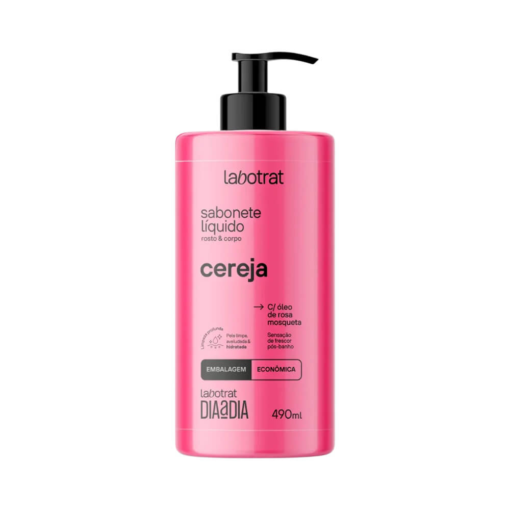 Sabonete Líquido Labotrat Dia a Dia Cereja 490ml em embalagem rosa com pump