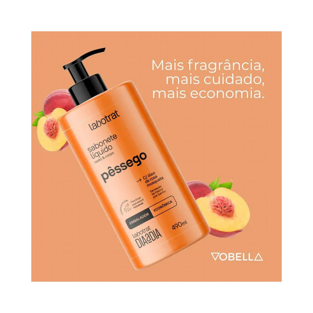 Sabonete Líquido Labotrat Pêssego 490ml com pêssegos frescos ao redor