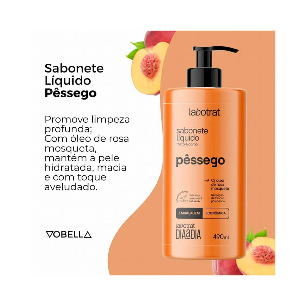 Sabonete Líquido Labotrat Pêssego 490ml - destaque de embalagem e benefícios